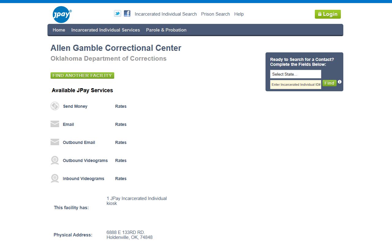 JPay service and fee page for Allen Gamble Correctional Center inmate money and messaging